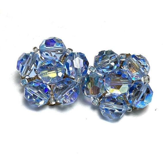 Vintage Clip Ons Clips Earrings Beaded Two Pairs Lot AB Crystals - Picture 5 of 16